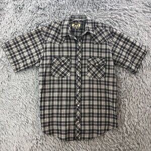 Western Trails Shirt Mens Large Pearl Button Snap Plaid Gray Black Cowboy Yoke